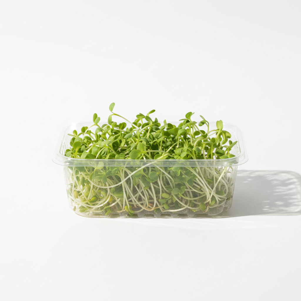 Fresh alfalfa microgreens in a clear clamshell container